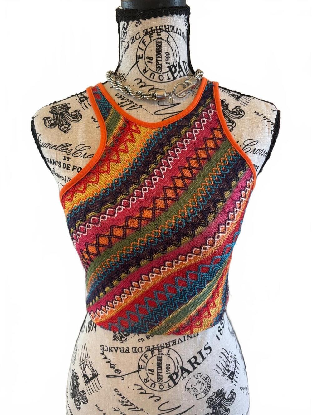 Colorful Boho Aztec Knit Crop Tank Top Size Small